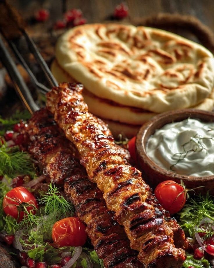 Kolgrillade köttspett med pidebröd, yoghurtsås, tomater och granatäpple